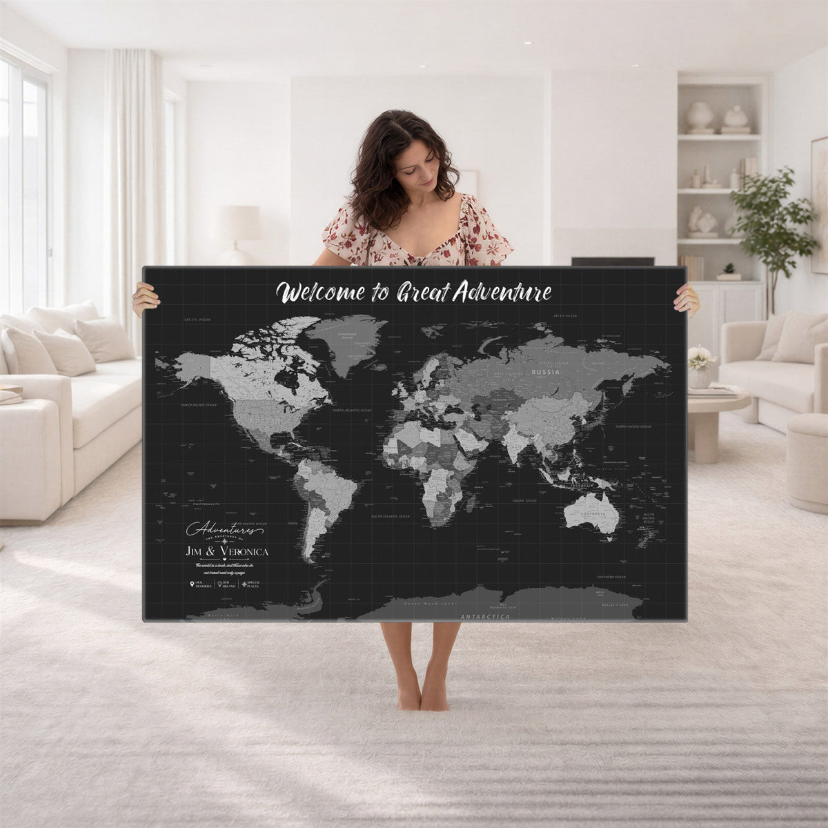 Custom Framed Navy Vintage World Map Canvas with Push Pins, Next Trip Planner Map, Entryway and Hallway Decor
