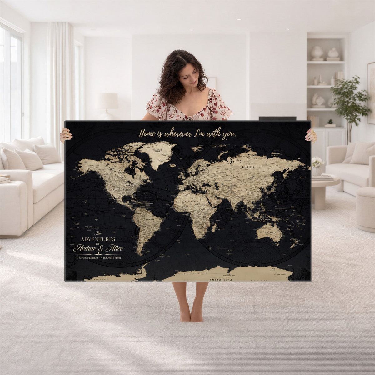 Custom Framed Beige Vintage Push Pin Travel Map Canvas Print, Honeymoon and Anniversary Gift, Study and Hallway Decor