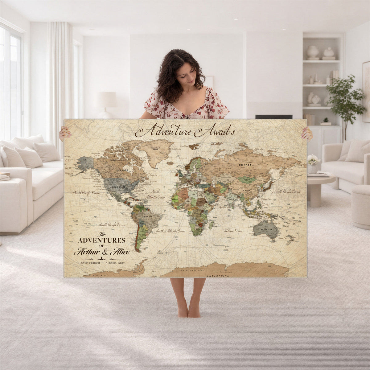 Custom Framed Beige Vintage World Travel Map Wall Art with Pins, Family Travel Tracker, Family Room and Hallway Decor