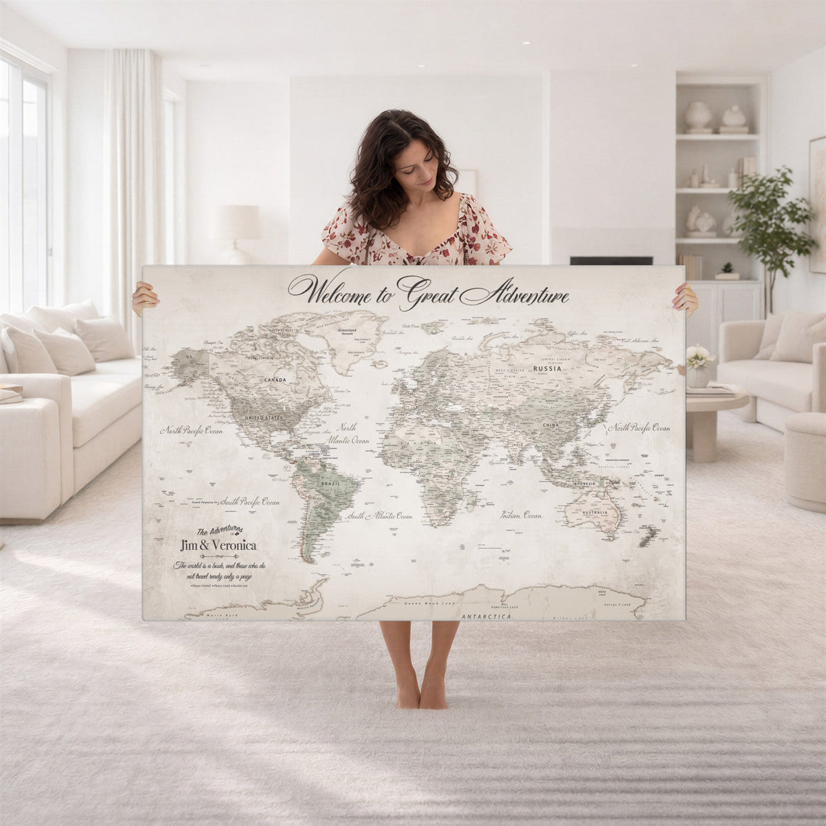 84311132-MGV-CV-36X24 - Personalized Beige World Map Canvas with Push Pins, Places Visited Tracker, Family Room and Entryway Decor