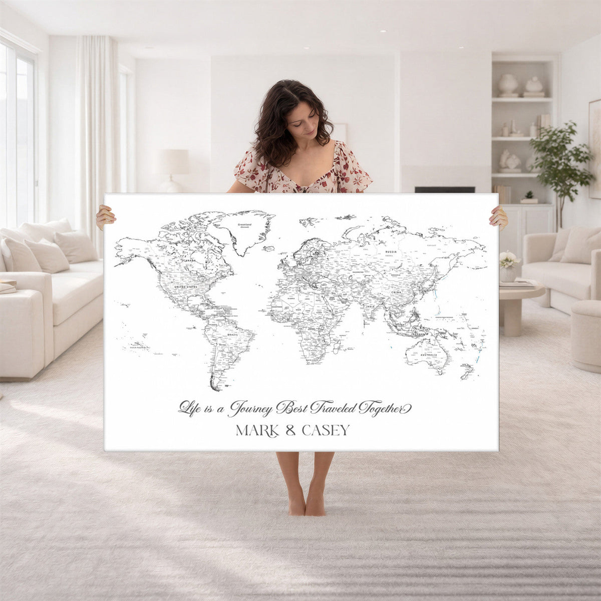 Personalized Framed Beige Modern Push Pin Travel Map Canvas Print, Couples Countries Visited Map, Living Room and Family Room Decor