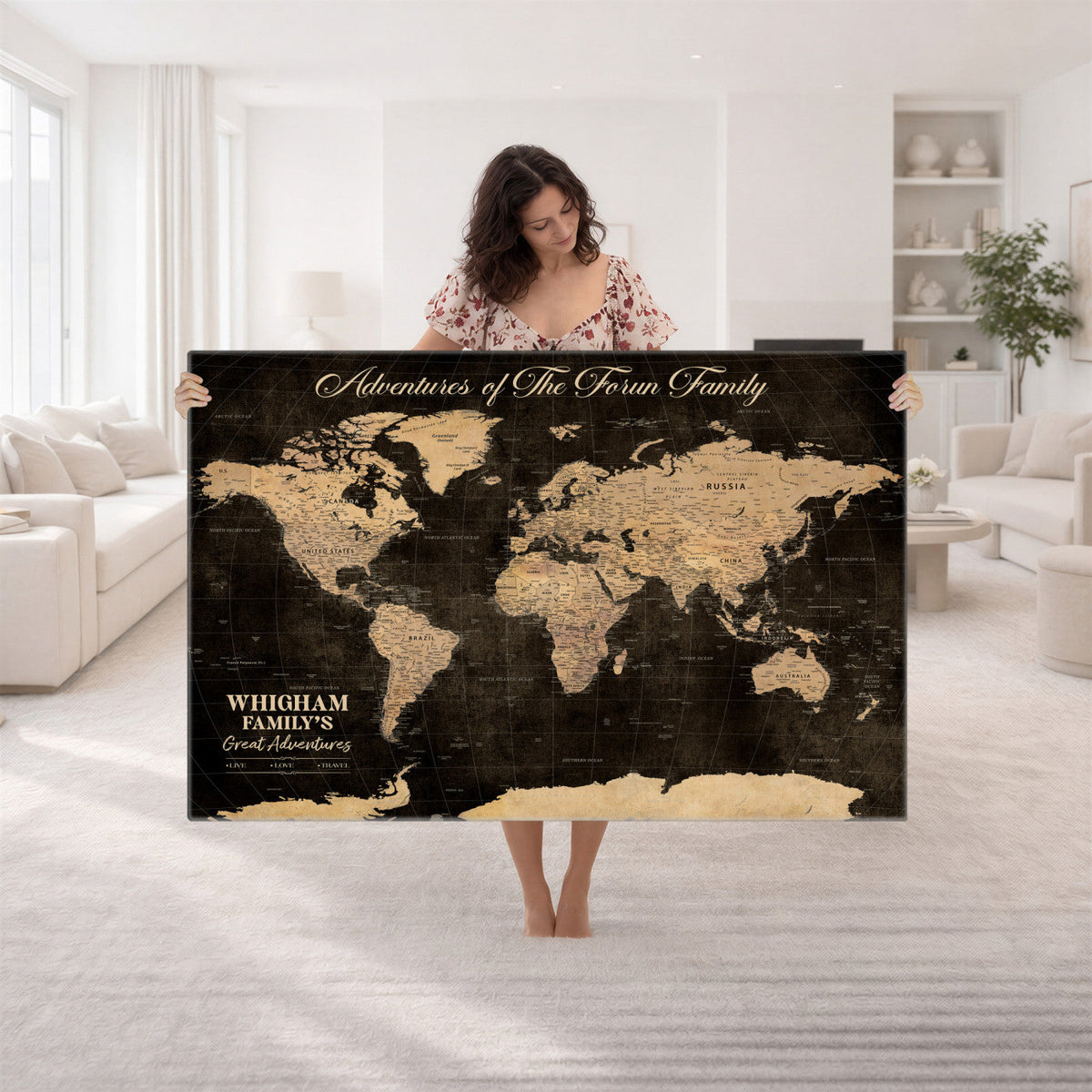 69635819-MGV-CV-36X24 - Custom Push Pin World Map Wall Art Canvas Print | Personalized Travel Tracker with Pins Framed Large for Home and Office Decor