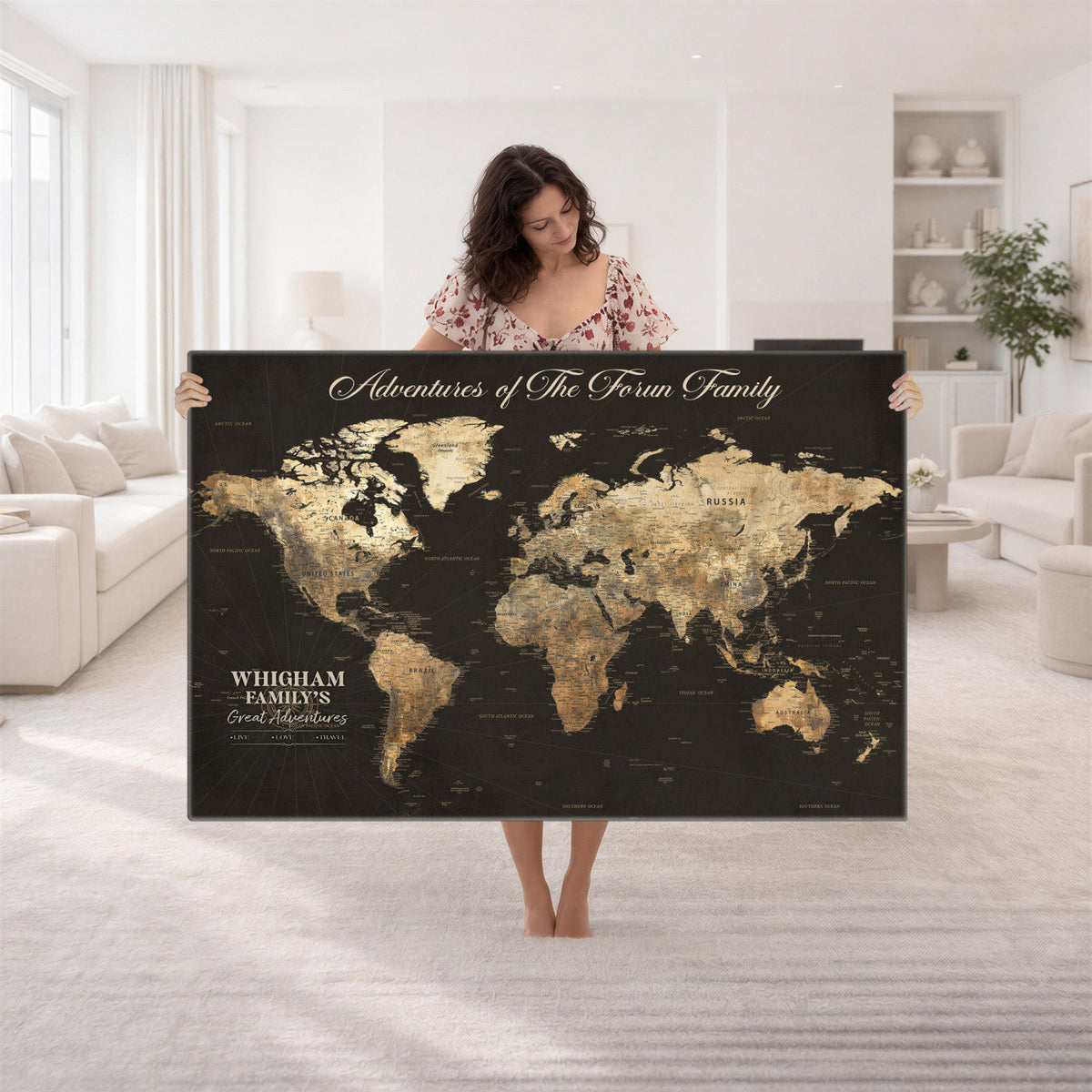 Personalized Framed Beige World Travel Map Wall Art with Pins, Couples Countries Visited Map, Family Room and Dining Room Decor