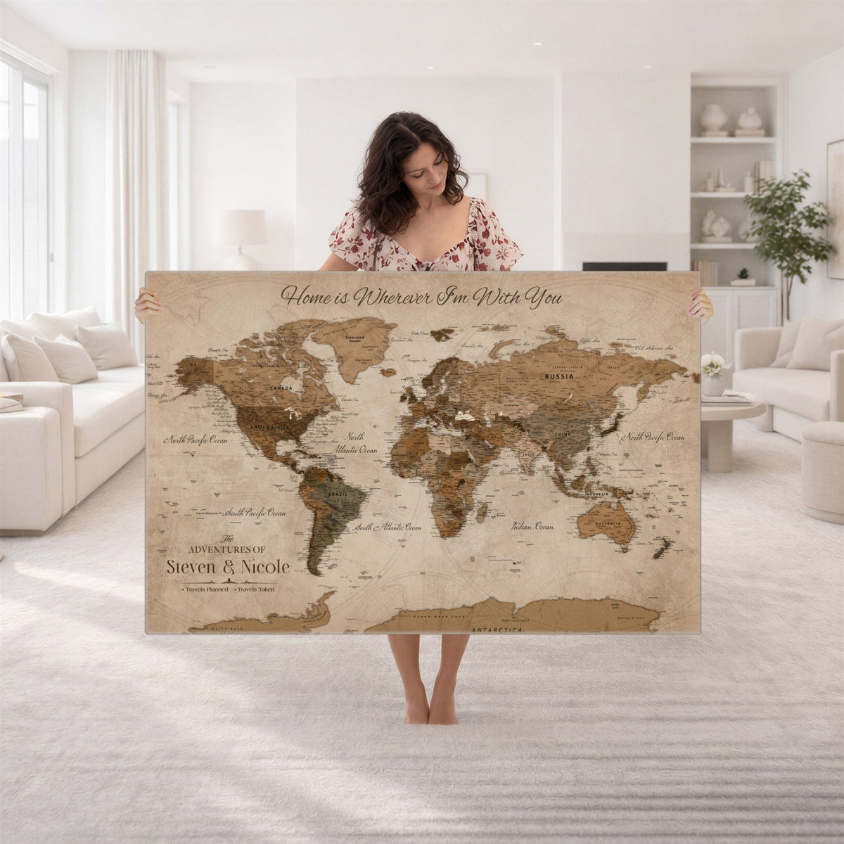 67360040-MGV-CV-36X24 - Custom Push Pin World Map Wall Art Canvas Print | Personalized Travel Tracker with Pins Framed Large for Home and Office Decor