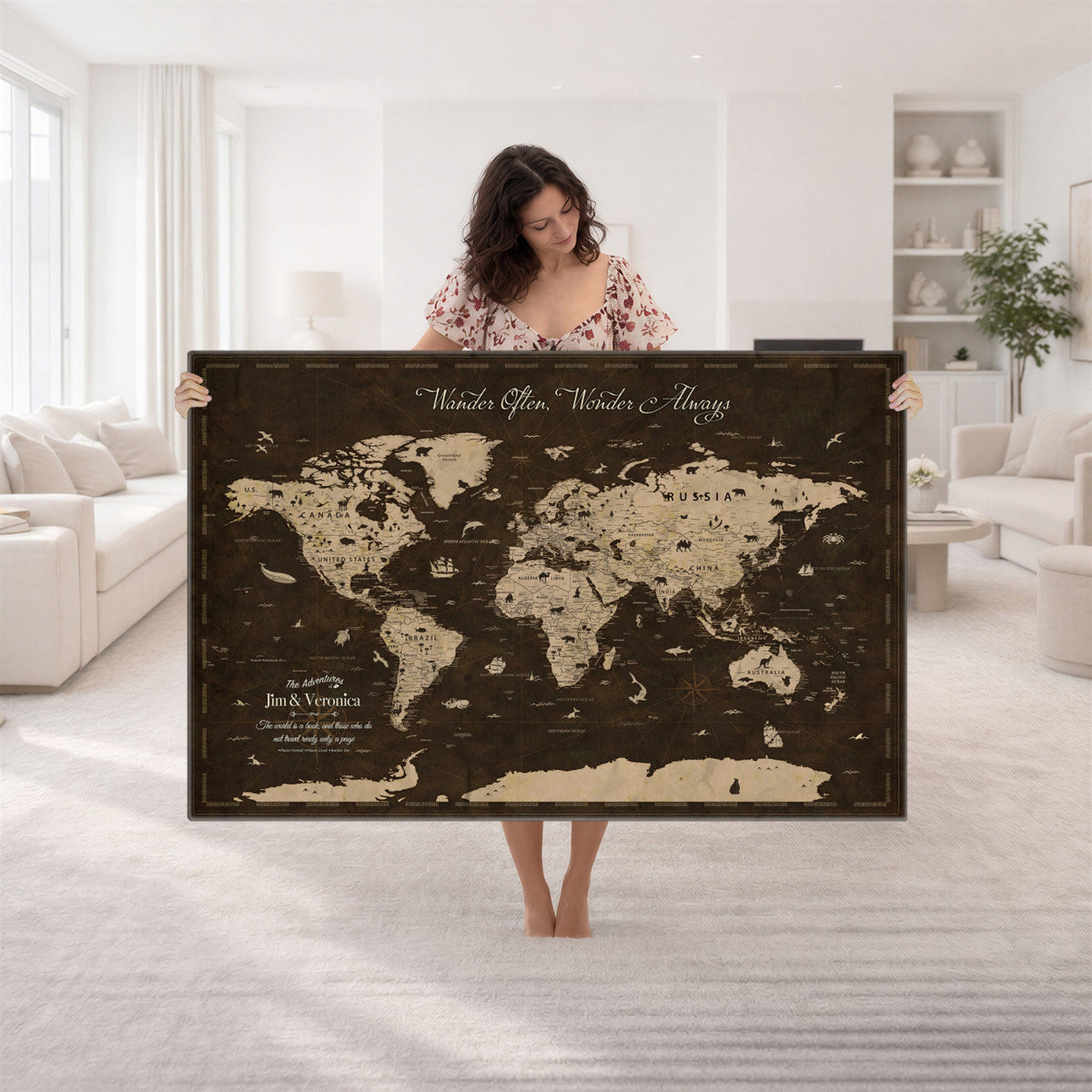 20091587-MGV-CV-36X24 - Custom Push Pin World Map Wall Art Canvas Print | Personalized Travel Tracker with Pins Framed Large for Home and Office Decor