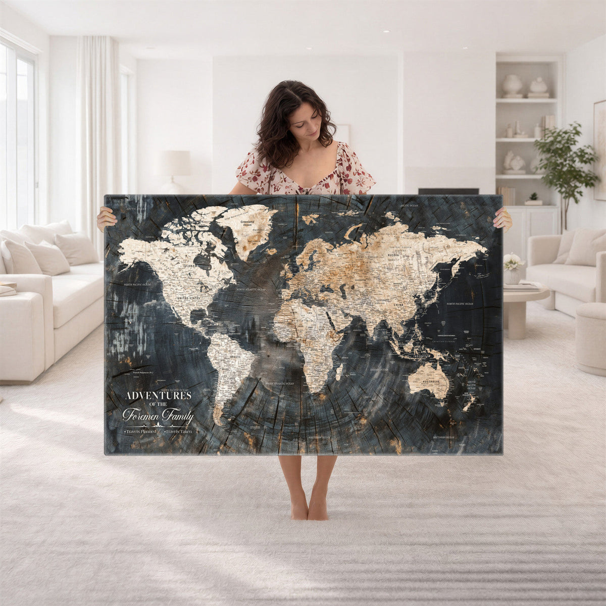 Personalized Framed Beige Push Pin World Map Canvas Print, Bucket List Map, Living Room and Hallway Decor