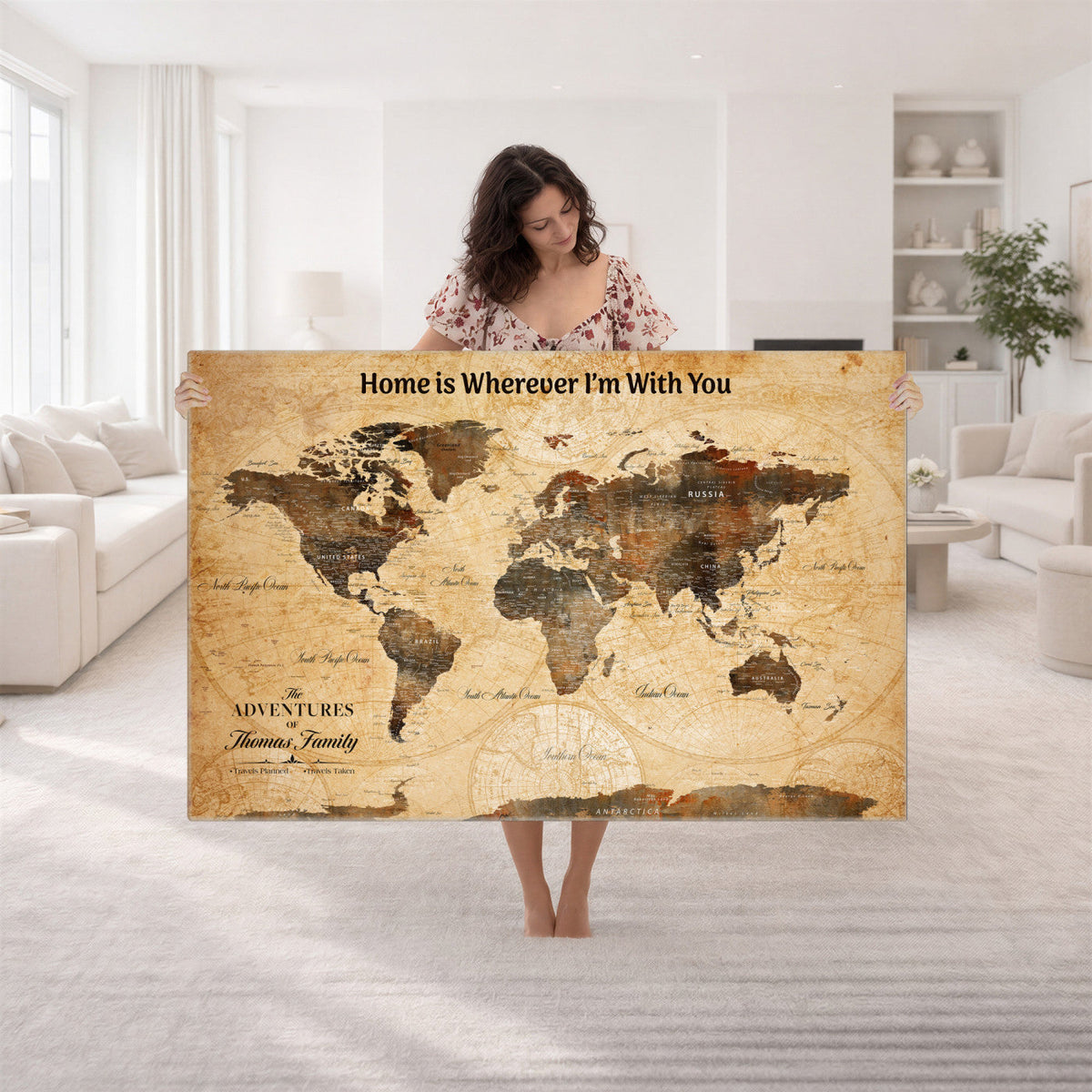 Personalized Beige Vintage Push Pin World Map Canvas Print, Bucket List Map, Study and Hallway Decor
