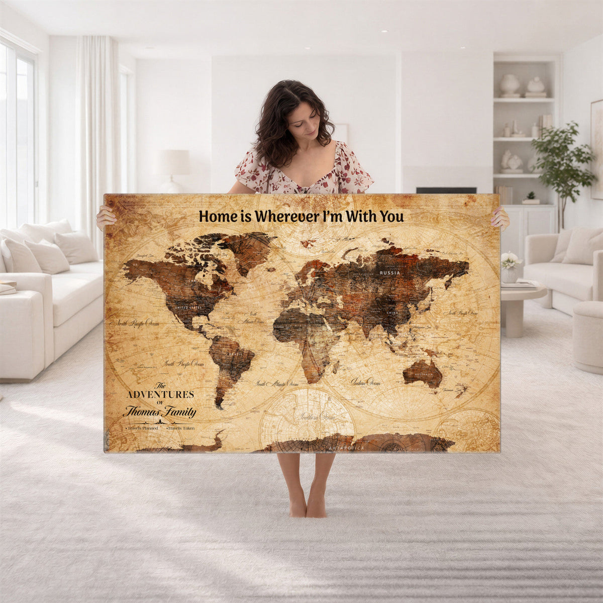 Custom Framed Beige Vintage Push Pin World Map Wall Art, Next Trip Planner Map, Living Room and Bedroom Decor