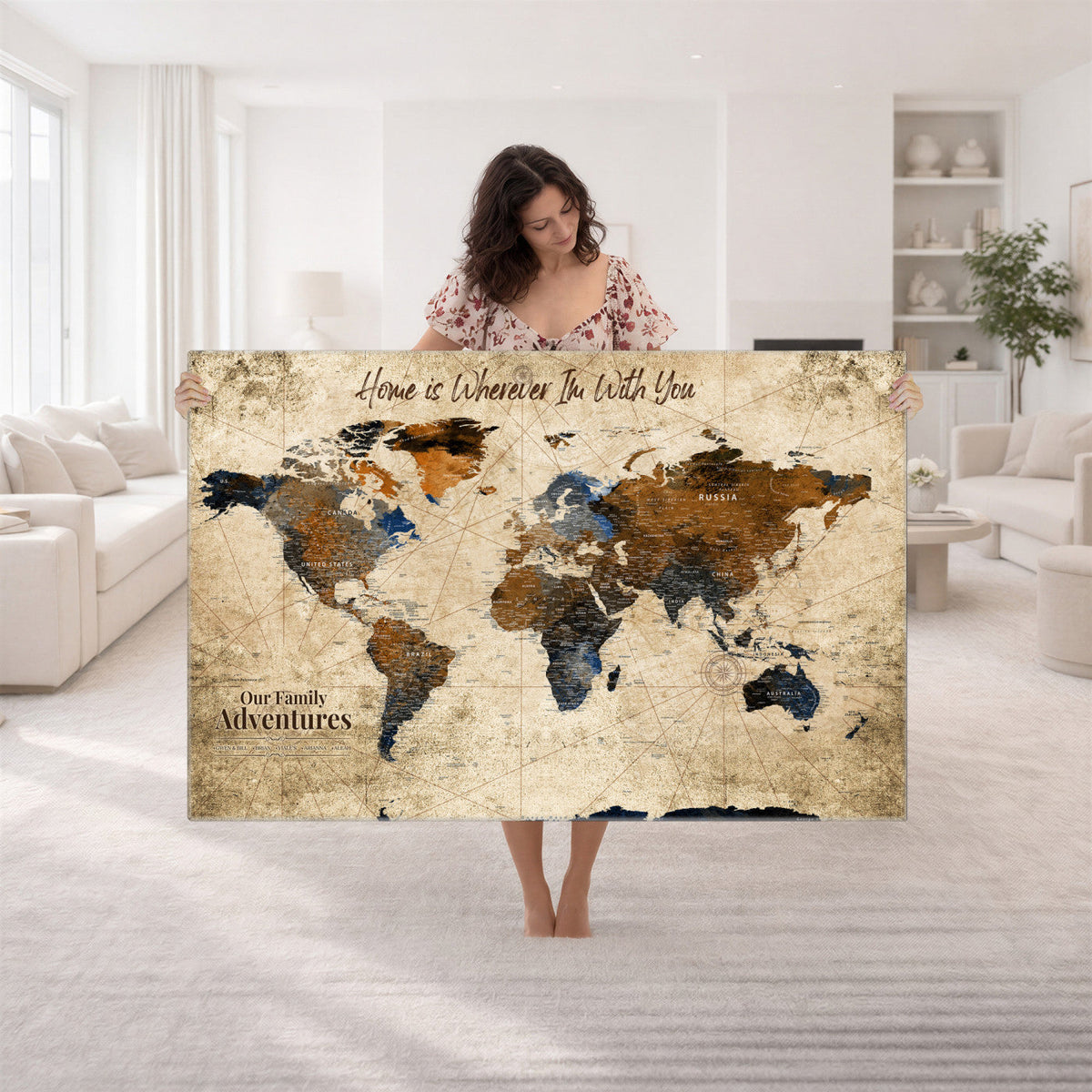Personalized Framed Beige Modern Push Pin World Map Canvas Print, Bucket List Map, Home Office and Study Decor