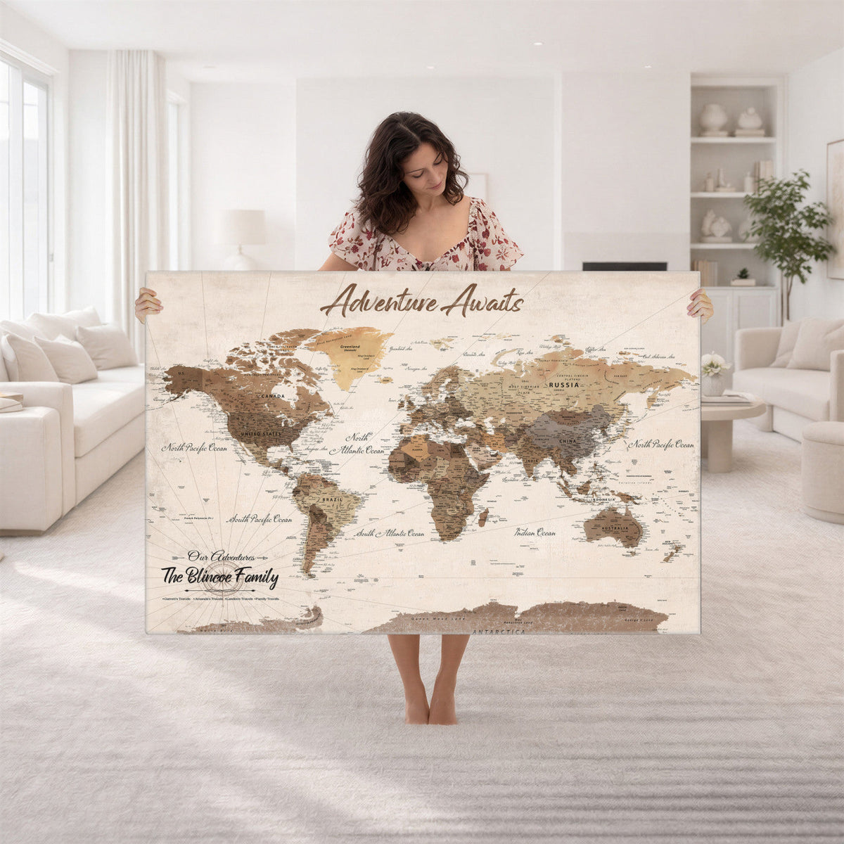 Custom Framed White Modern World Map Canvas with Push Pins, Places Visited Tracker, Dining Room and Entryway Decor