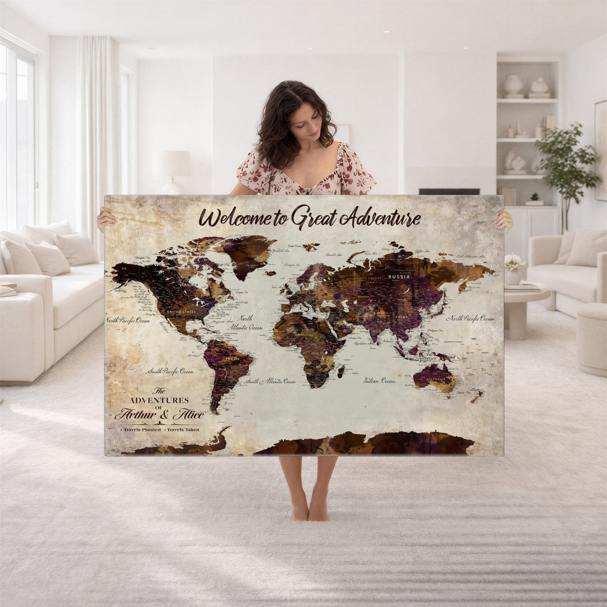 64110391126-MGV-CV-36X24 - Custom Beige World Travel Map Wall Art with Pins, Places Visited Tracker, Family Room and Entryway Decor