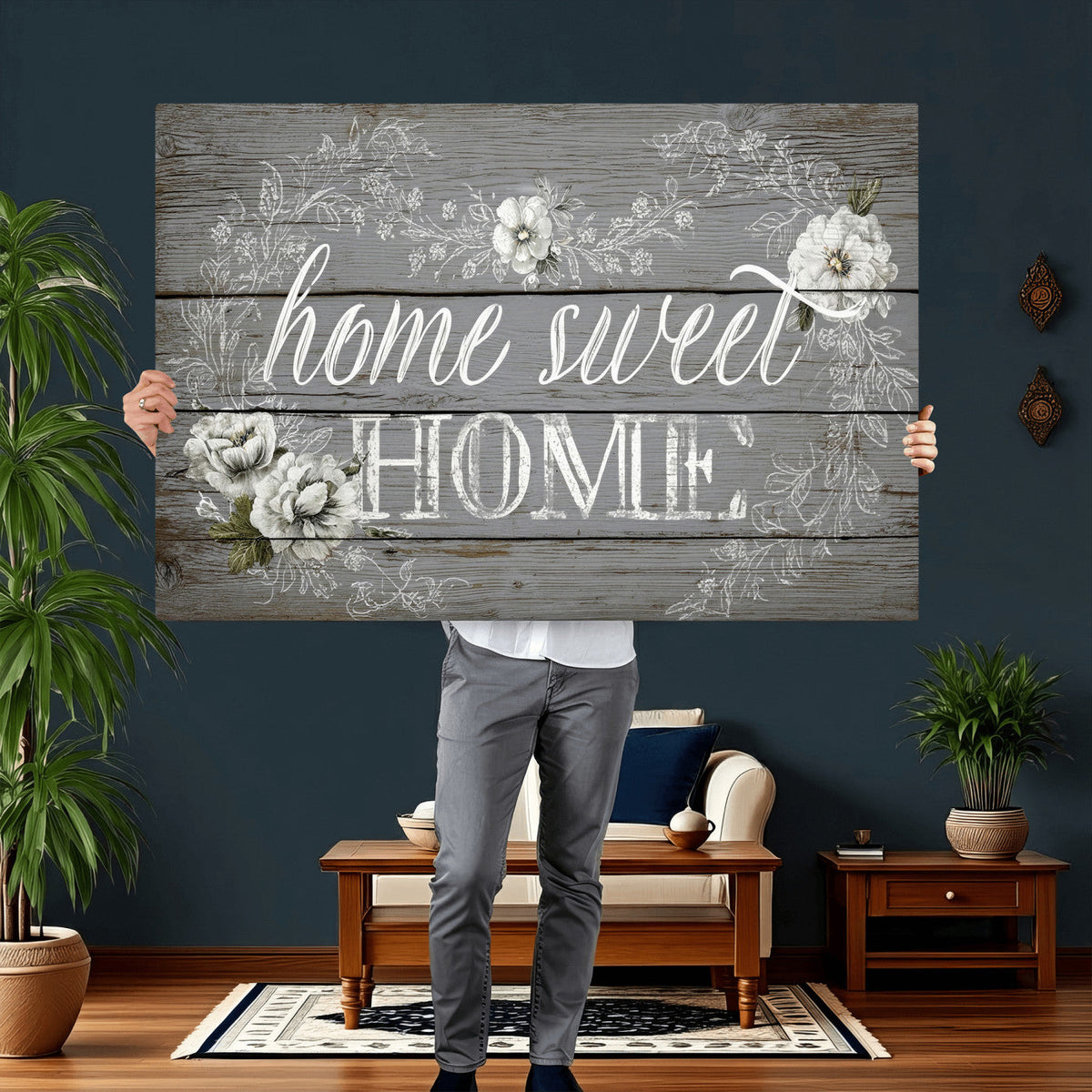 Home Sweet Home Sign Wall Art Canvas Print, Floral Farmhouse Decor