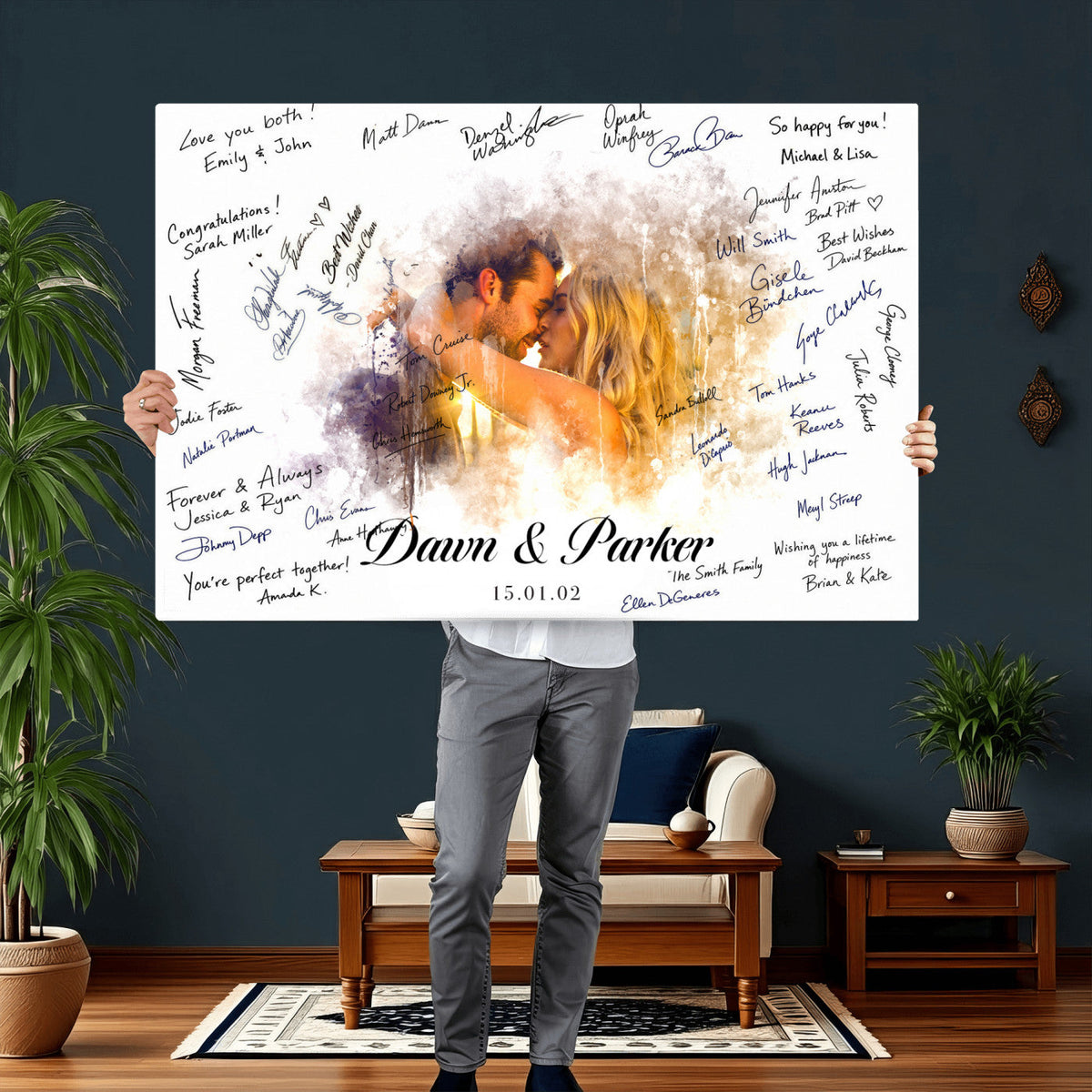 74713307-MGV-CV-36X24 - Wedding Guest Book Alternative Wall Art Canvas Print, Personalized Couple Photo Guestbook Wedding Signature Poster, Custom Couple Photo Guestbook Canvas, Bridal Shower Reception Decor