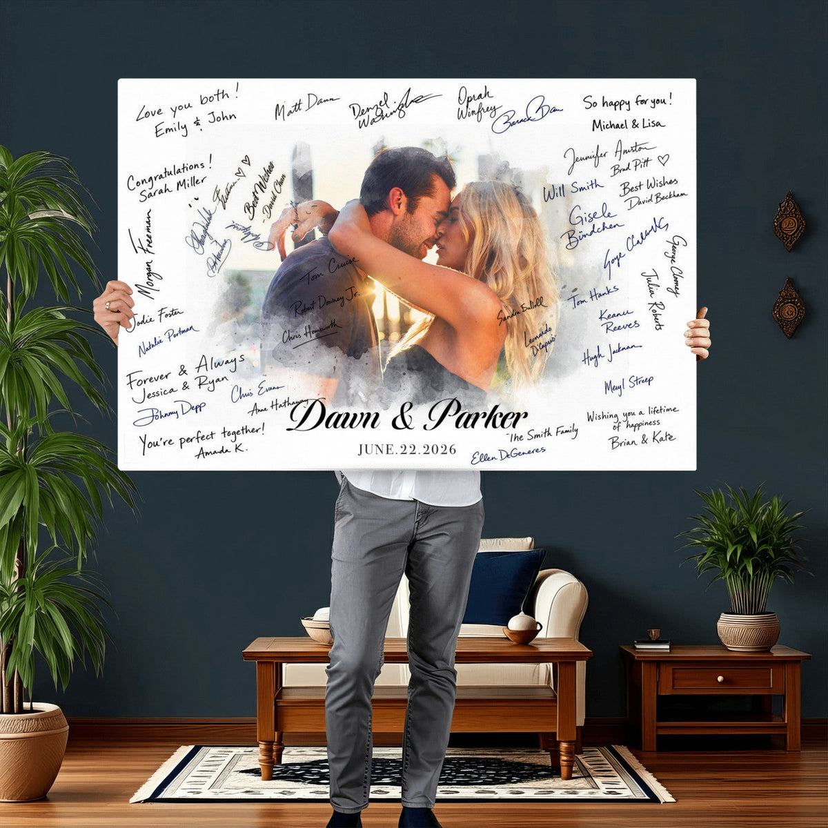 14788122-MGV-CV-36X24 - Wedding Guest Book Alternative Wall Art Canvas Print, Personalized Couple Photo Guestbook Wedding Signature Poster, Custom Couple Photo Guestbook Canvas, Bridal Shower Reception Decor