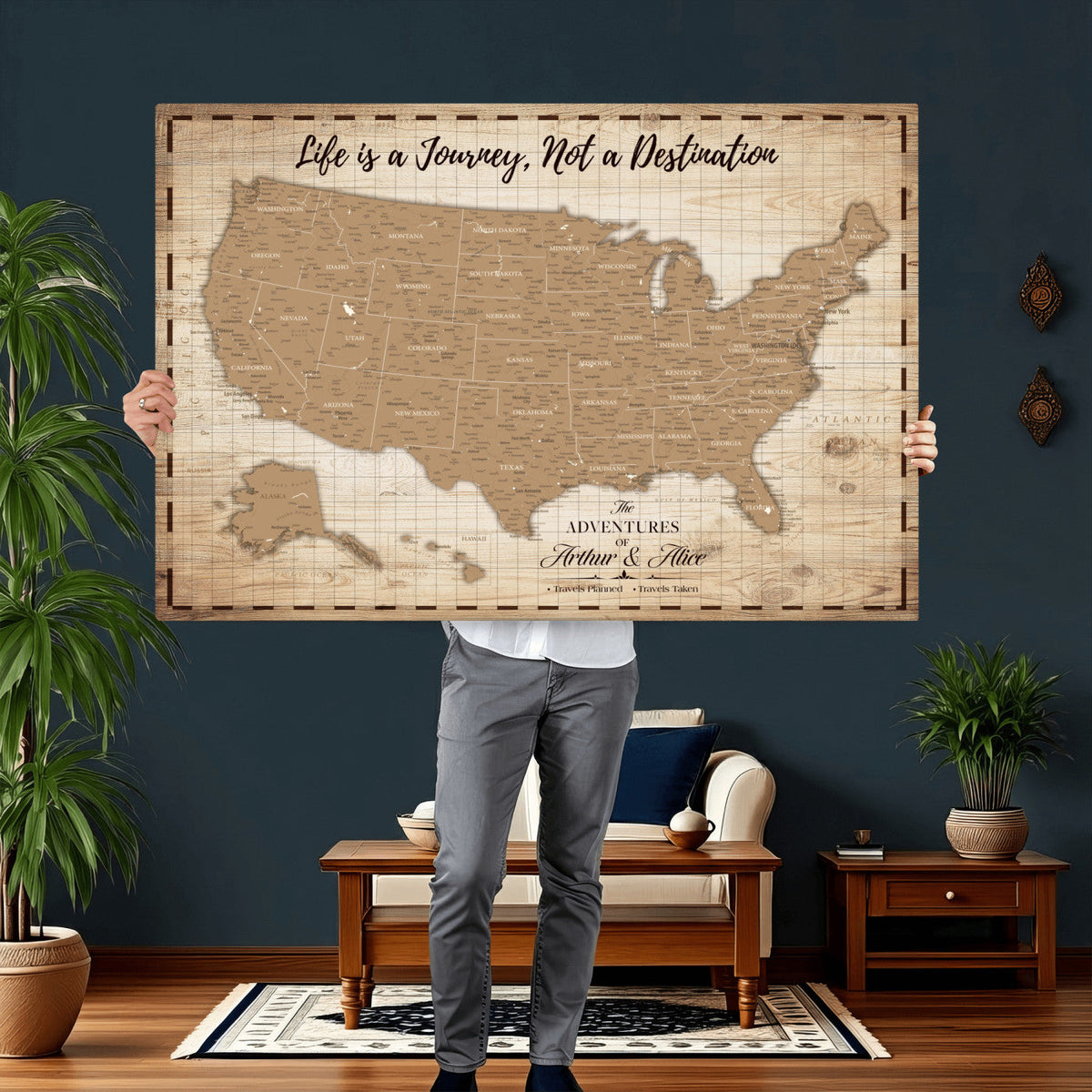 19102499-MGV-CV-36X24 - Personalized USA Push Pin Travel Map, Custom United States Map, Push Pin Map, USA Bucket List Map, Anniversary Gift | Couple Travel Map Wall Art
