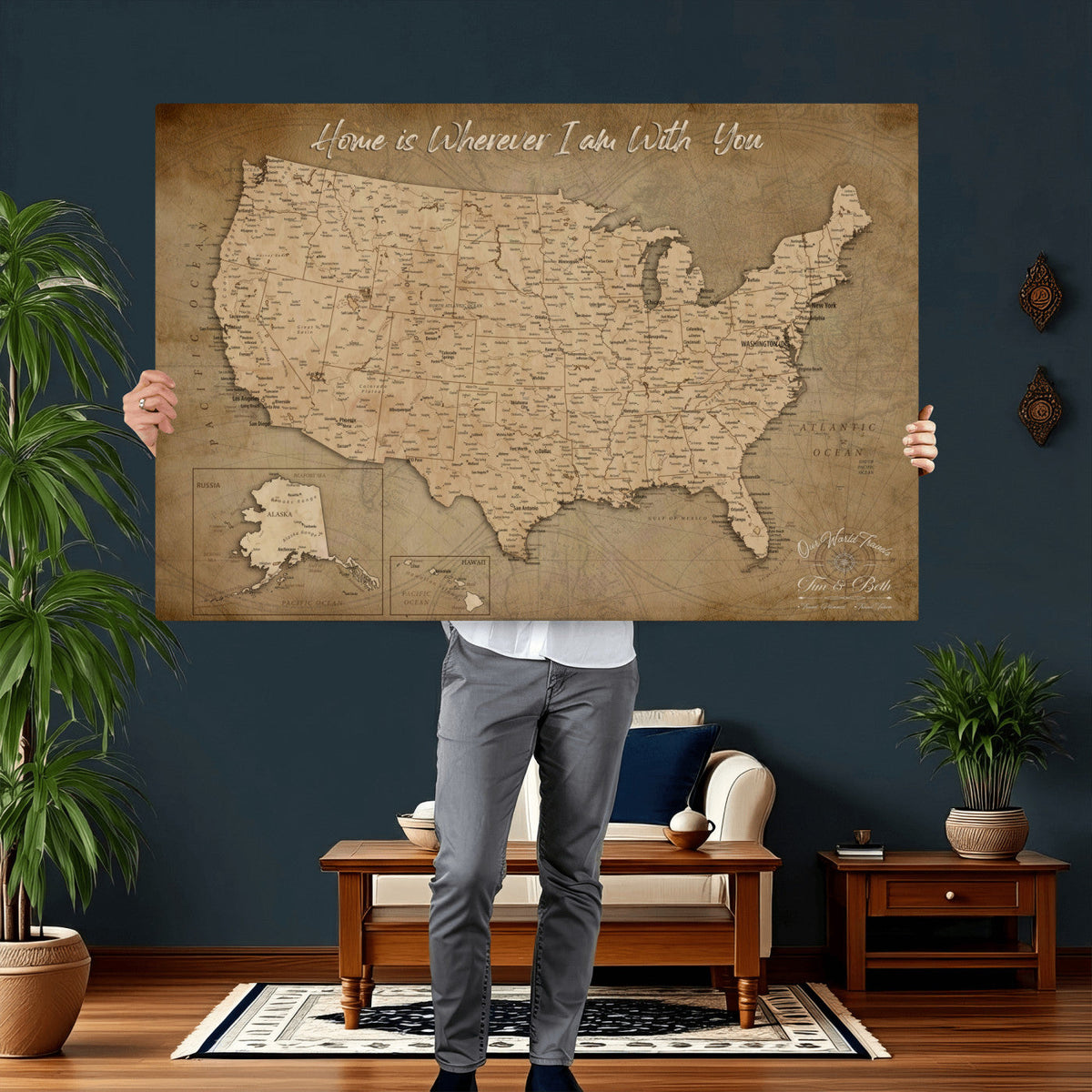 21454917-MGV-CV-36X24 - Personalized USA Push Pin Travel Map, Custom United States Map, Push Pin Map, USA Bucket List Map, Anniversary Gift | Couple Travel Map Wall Art