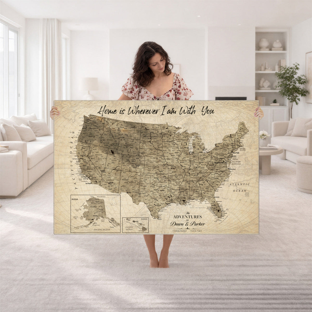 25440520-MGV-CV-36X24 - Detailed Personalized Push Pin United States Map Wall Art, States Visited Map, Office and Hallway Decor