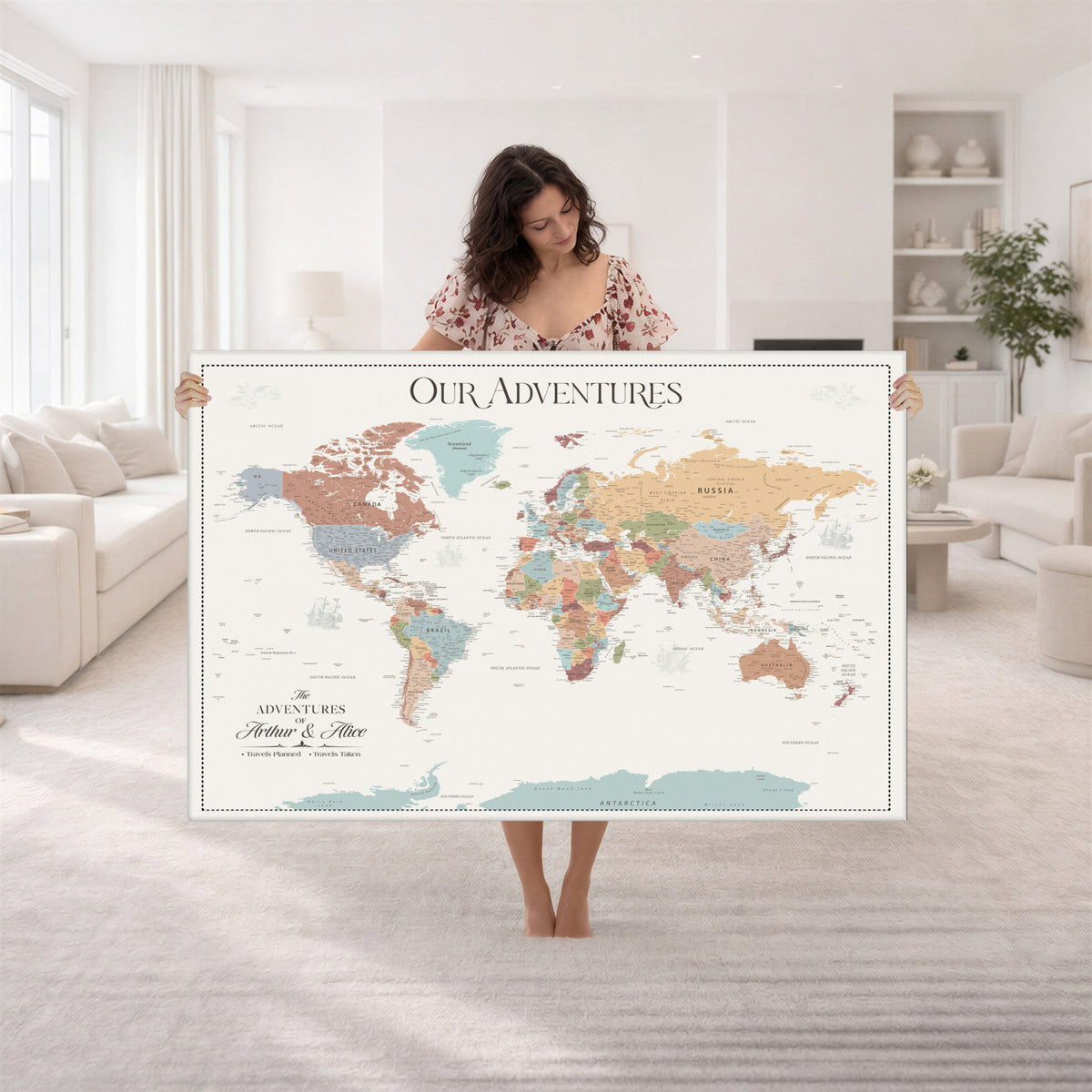 Personalized Framed Navy Push Pin World Map Canvas Print, Next Trip Planner Map, Living Room and Entryway Decor