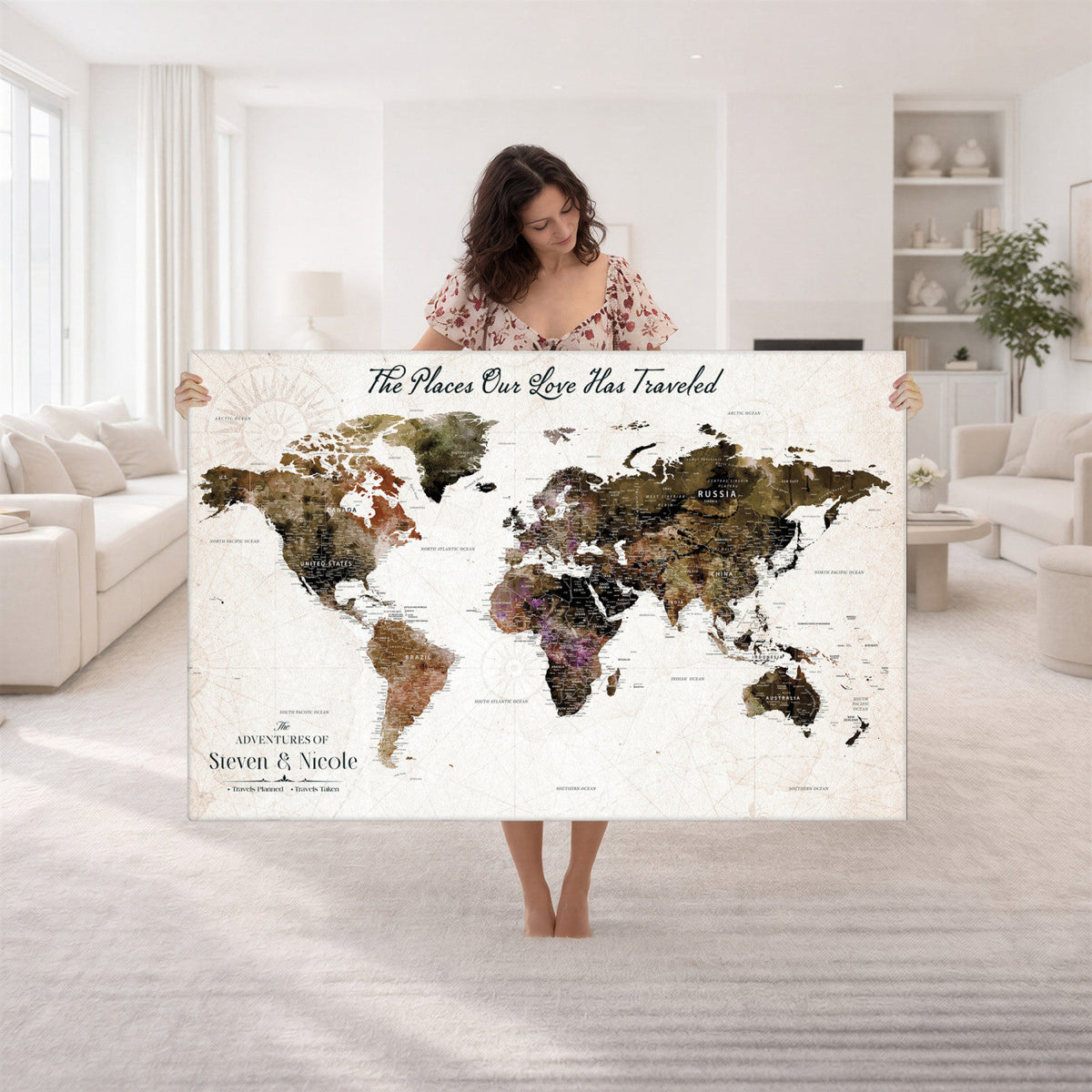 18074626D3D-MGV-CV-36X24 - Extra Large Framed Personalized Push Pin World Map Wall Art Canvas Print for Travel Tracking