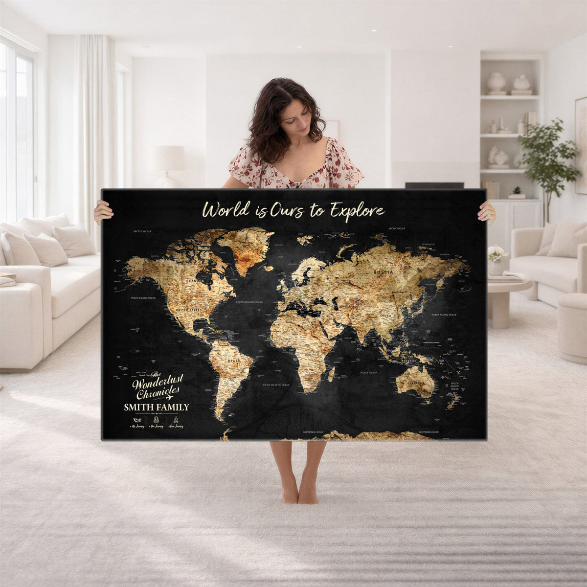 Personalized Beige Push Pin Travel Map Canvas Print, Family Travel Tracker, Bedroom and Entryway Decor