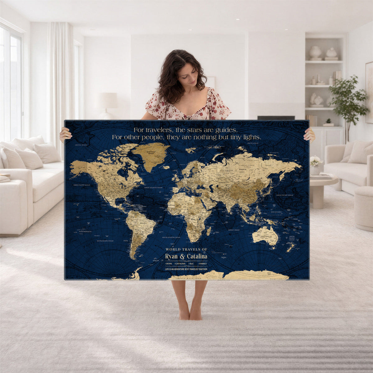 71667510D-MGV-CV-36X24 - Custom Push Pin World Map Wall Art Canvas Print | Personalized Travel Tracker with Pins Framed Large for Home and Office Decor