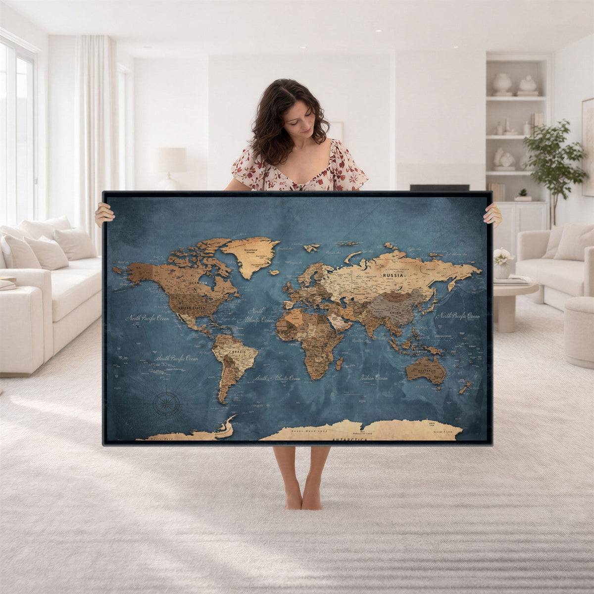 81949666D-MGV-CV-36X24 - Custom Push Pin World Map Wall Art Canvas Print – Personalized Travel Tracker with Pins Framed Large for Home and Office Decor