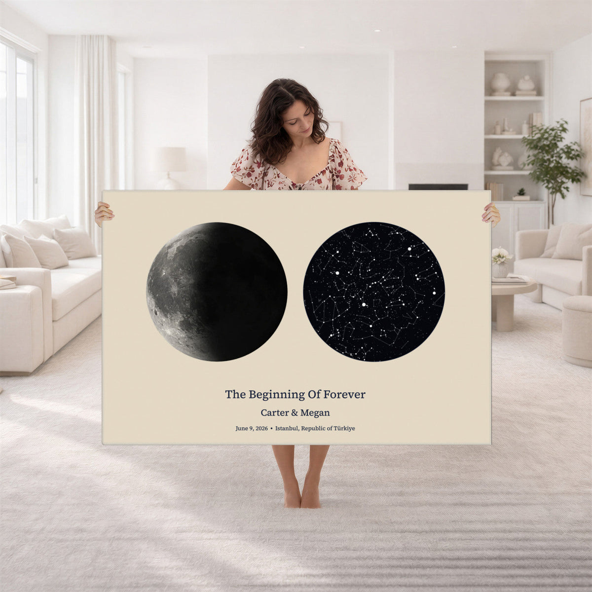 CSTM914LIRIKD-MGV-CV-36X24 - Moon and Stars Canvas Print – Personalized Moon Phase and Star Map Wall Art