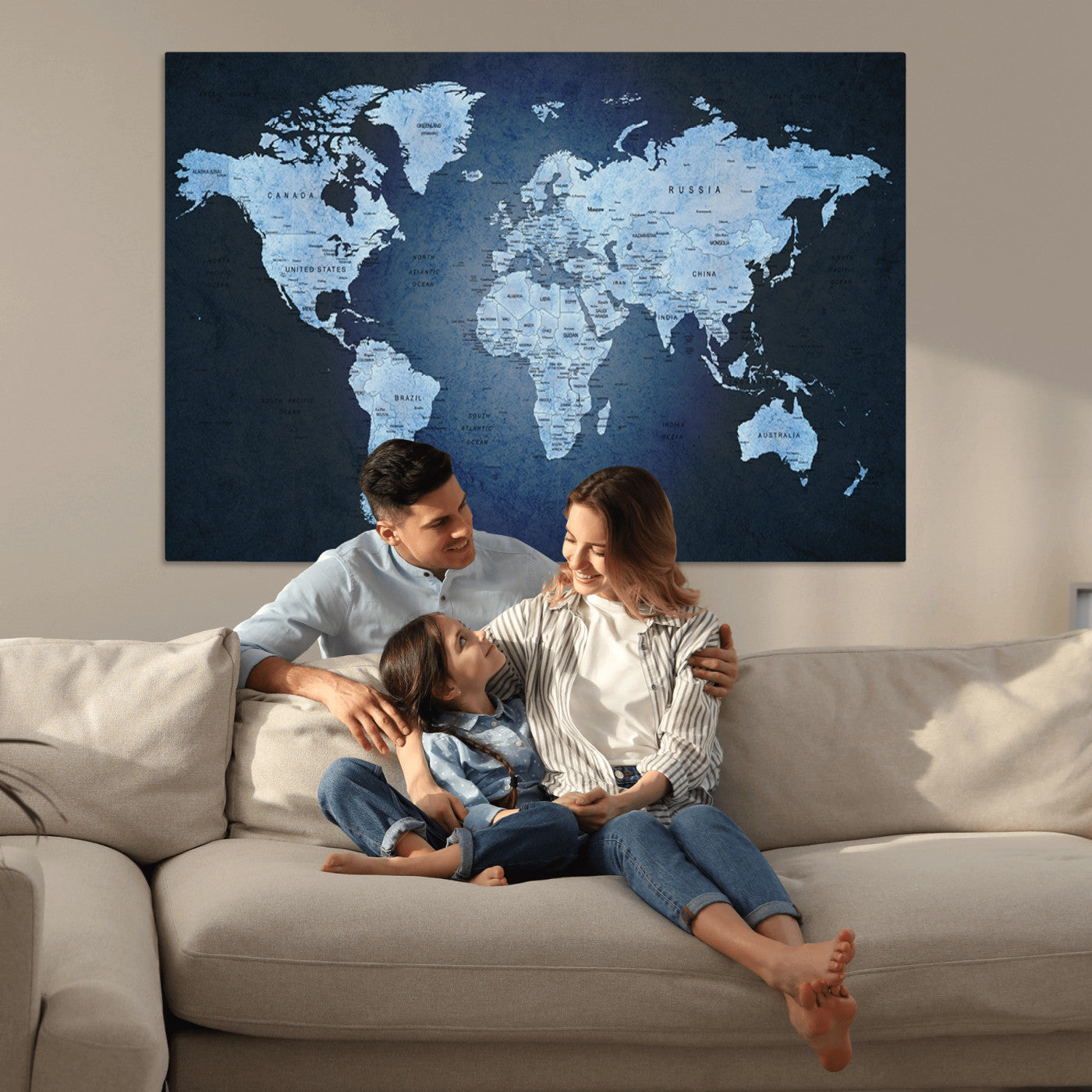 Push Pin World Map Canvas Print – Framed Wall Art for Couples to Track Their Travels – Anniversary Gift or Home Adventure Decor