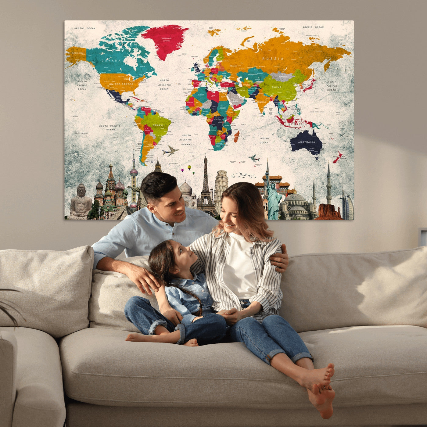 Push Pin World Map Canvas Print – Framed Wall Art for Couples to Track Their Travels – Anniversary Gift or Home Adventure Decor