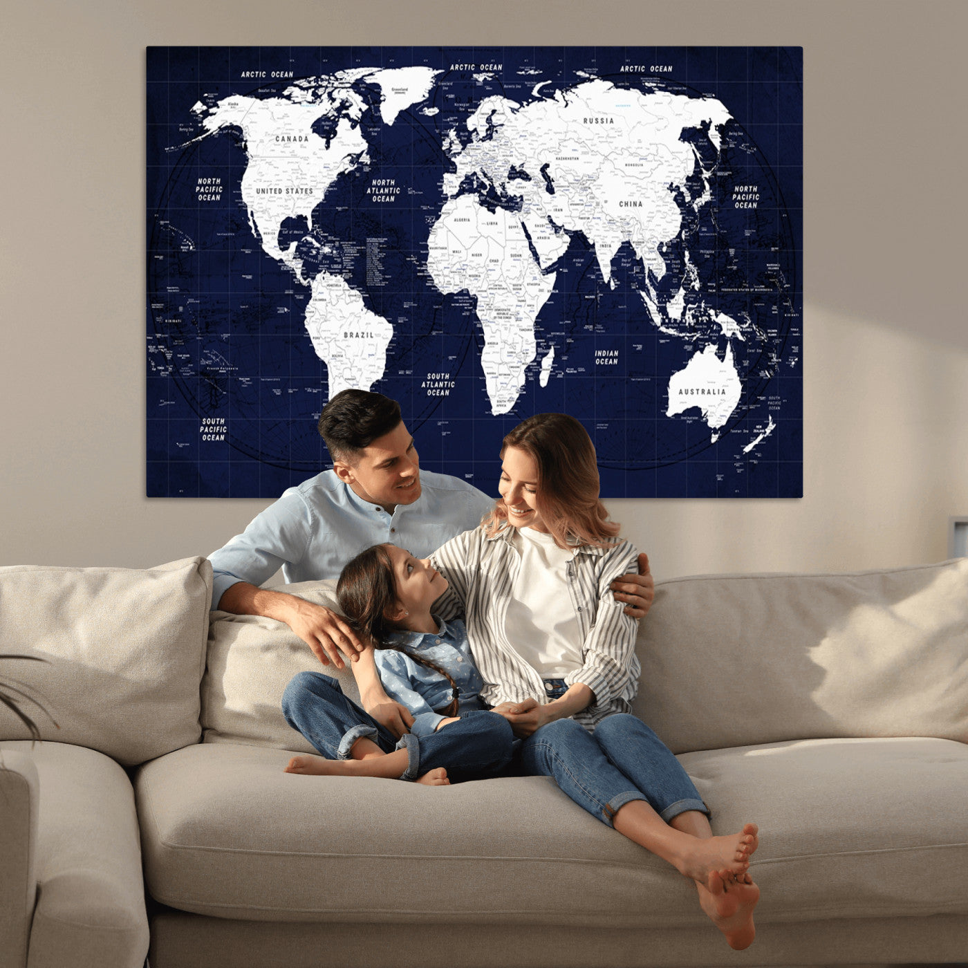 Push Pin World Map Canvas Print – Framed Wall Art for Couples to Track Their Travels – Anniversary Gift or Home Adventure Decor