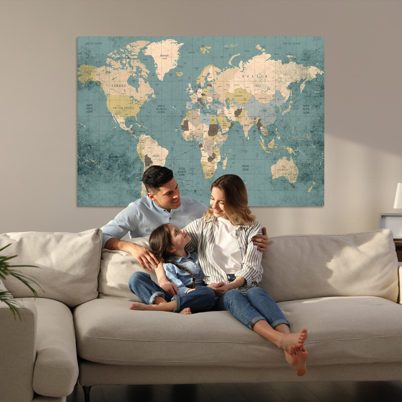 Classic World Map Wall Art Canvas Print, Framed Retro Map Art Picture Print, Vintage Atlas Perfect Rustic Explorer Decor Artwork