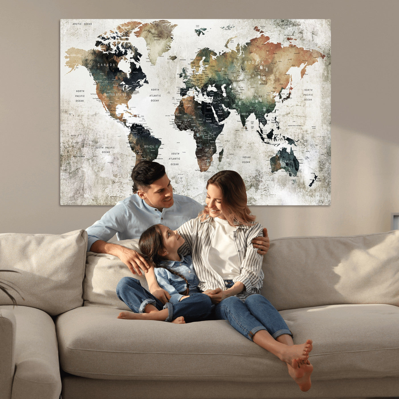 Push Pin World Map Canvas Print – Framed Wall Art for Couples to Track Their Travels – Anniversary Gift or Home Adventure Decor