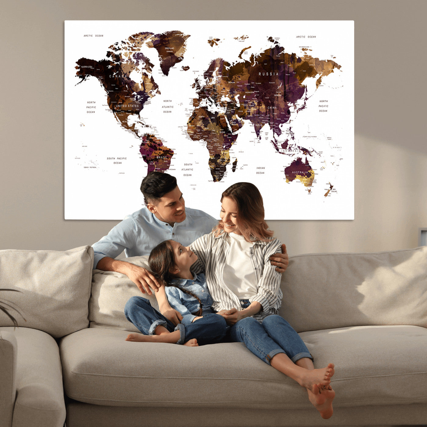 Push Pin World Map Canvas Print – Framed Wall Art for Couples to Track Their Travels – Anniversary Gift or Home Adventure Decor