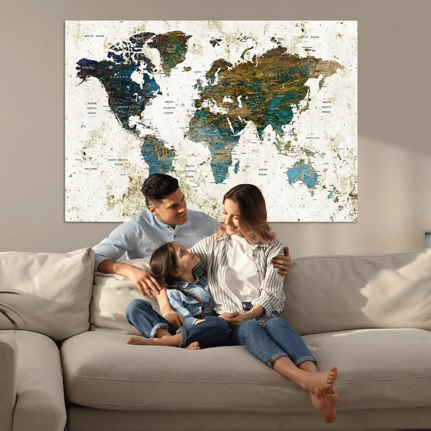 Push Pin World Map Canvas Print – Framed Wall Art for Couples to Track Their Travels – Anniversary Gift or Home Adventure Decor