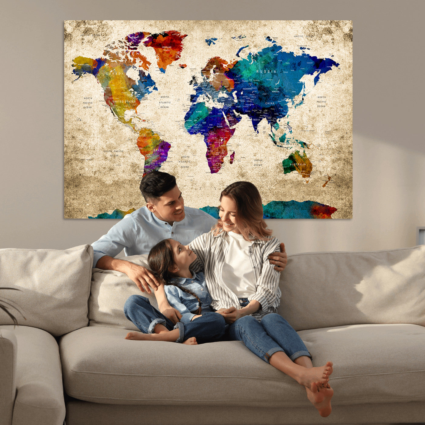 Push Pin World Map Canvas Print – Framed Wall Art for Couples to Track Their Travels – Anniversary Gift or Home Adventure Decor
