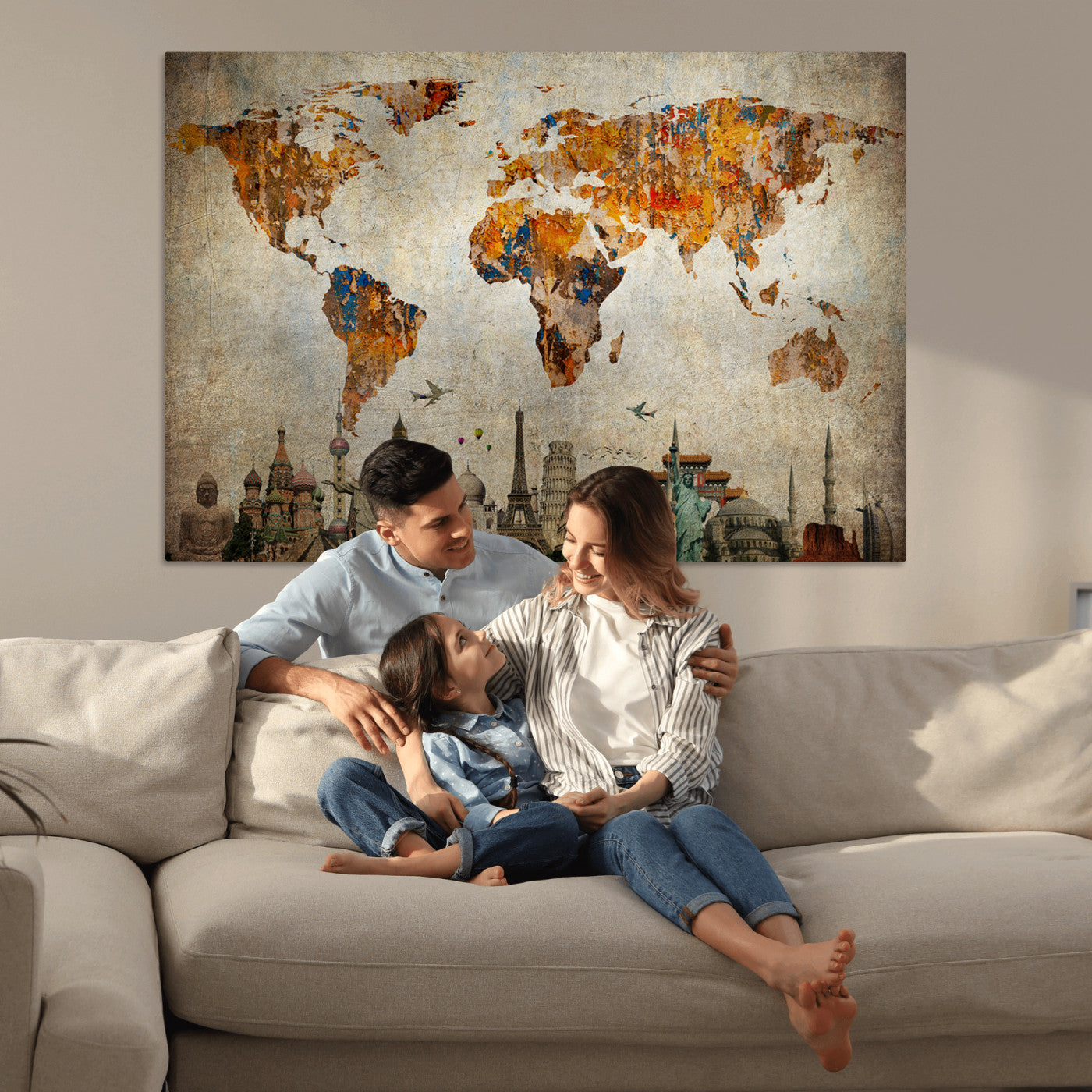 Push Pin World Map Canvas Print – Framed Wall Art for Couples to Track Their Travels – Anniversary Gift or Home Adventure Decor