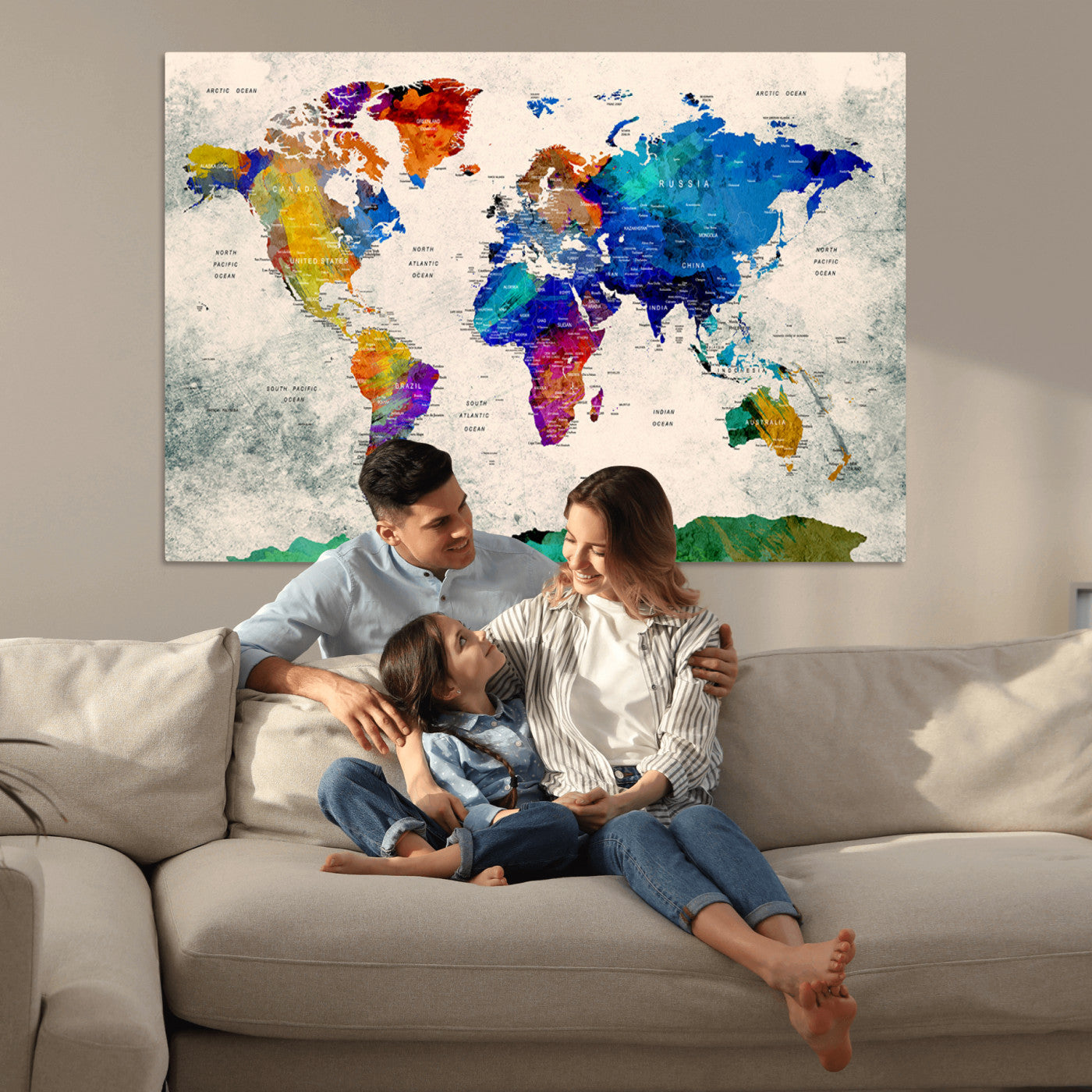 Push Pin World Map Canvas Print – Framed Wall Art for Couples to Track Their Travels – Anniversary Gift or Home Adventure Decor