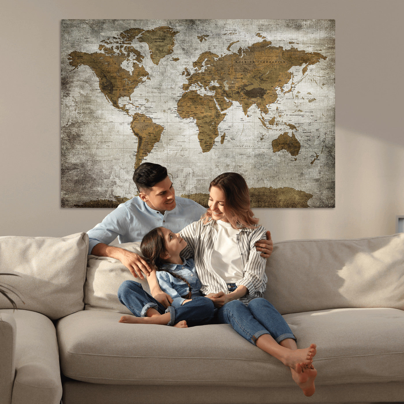 Push Pin World Map Canvas Print – Framed Wall Art for Couples to Track Their Travels – Anniversary Gift or Home Adventure Decor