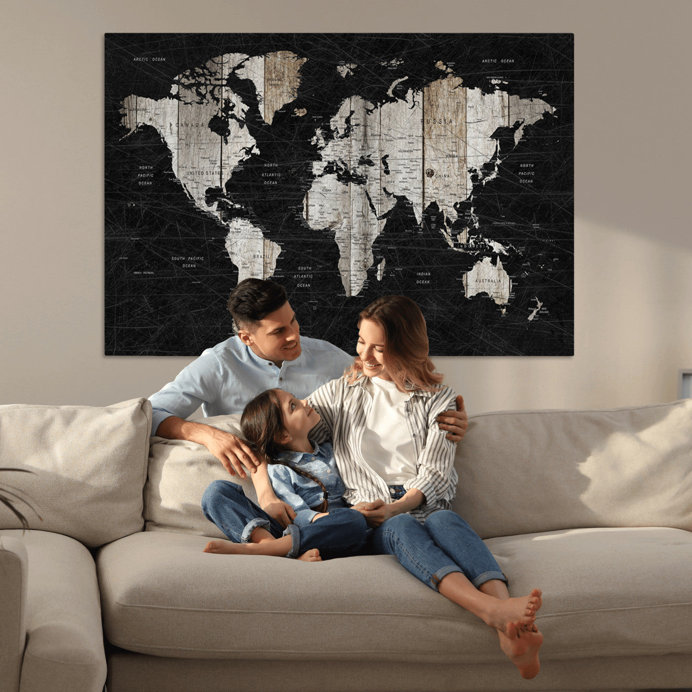 Push Pin World Map Canvas Print – Framed Wall Art for Couples to Track Their Travels – Anniversary Gift or Home Adventure Decor