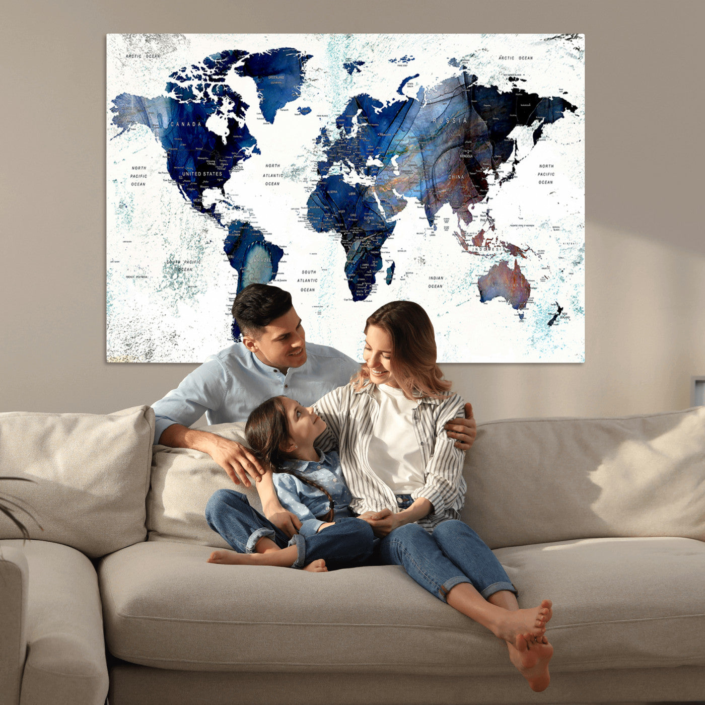 Push Pin World Map Canvas Print – Framed Wall Art for Couples to Track Their Travels – Anniversary Gift or Home Adventure Decor
