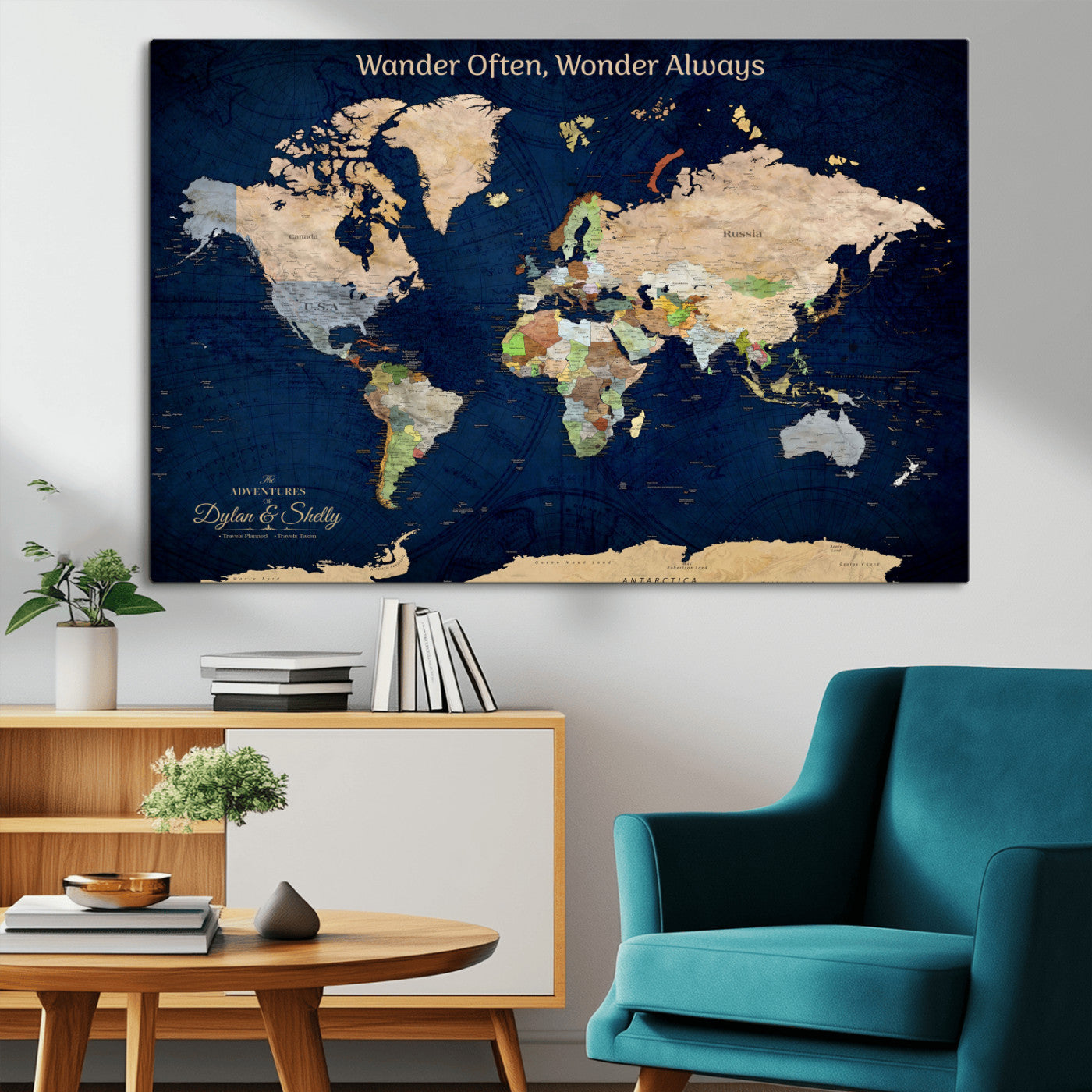 12399561-MGV-CV-30X20-Personalized World Map Print, Customizable Push Pin Framed World Map Print on Canvas - Custom Quote on Map Print