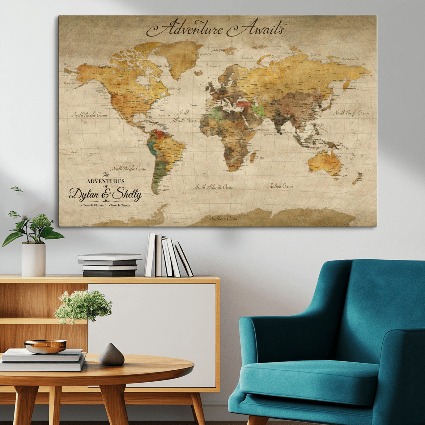 50298017-MGV-CV-36X24-Personalized World Map Print, Customizable Push Pin Framed World Map Print on Canvas - Custom Quote on Map Print