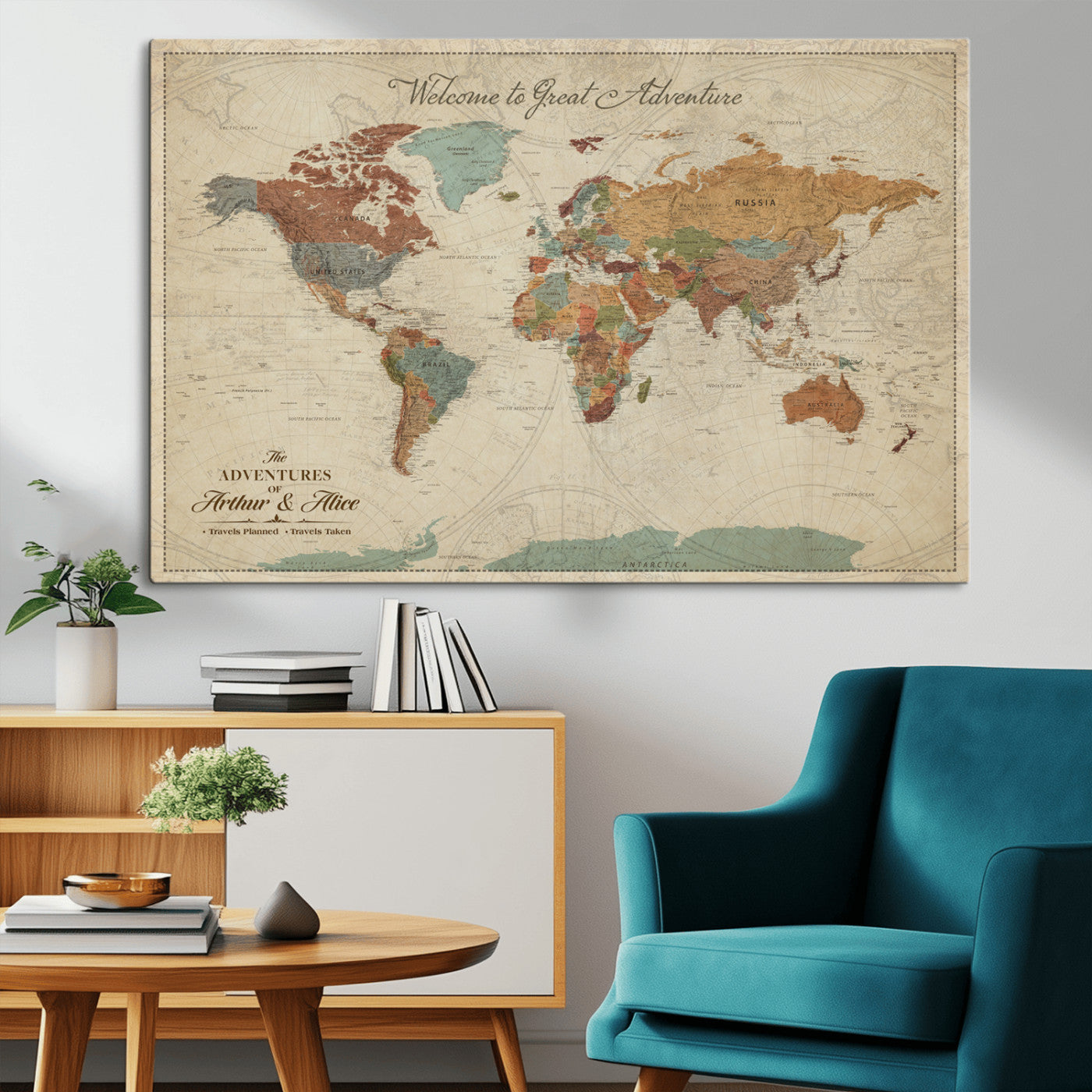 17587858-MGV-CV-36X24-Custom Push Pin World Map Wall Canvas Print – Personalized Travel Tracker with Pins – Framed Custom Quotie Canvas for Home Office Decor