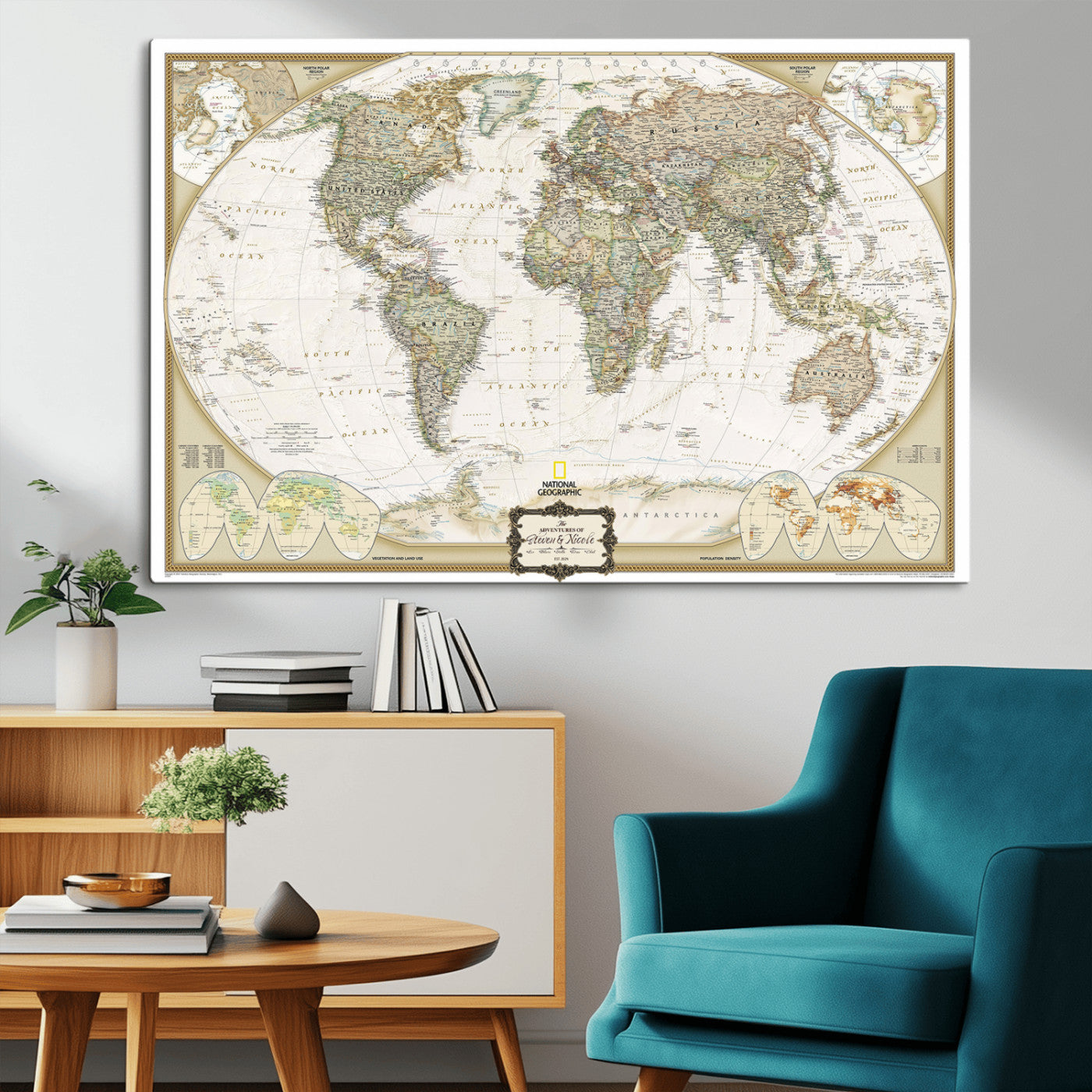 Custom Push Pin World Map Wall Art Canvas Print – Personalized National Geopraphic Map for Travel Plan – Framed Customize Animal Map for Stady Room Decor