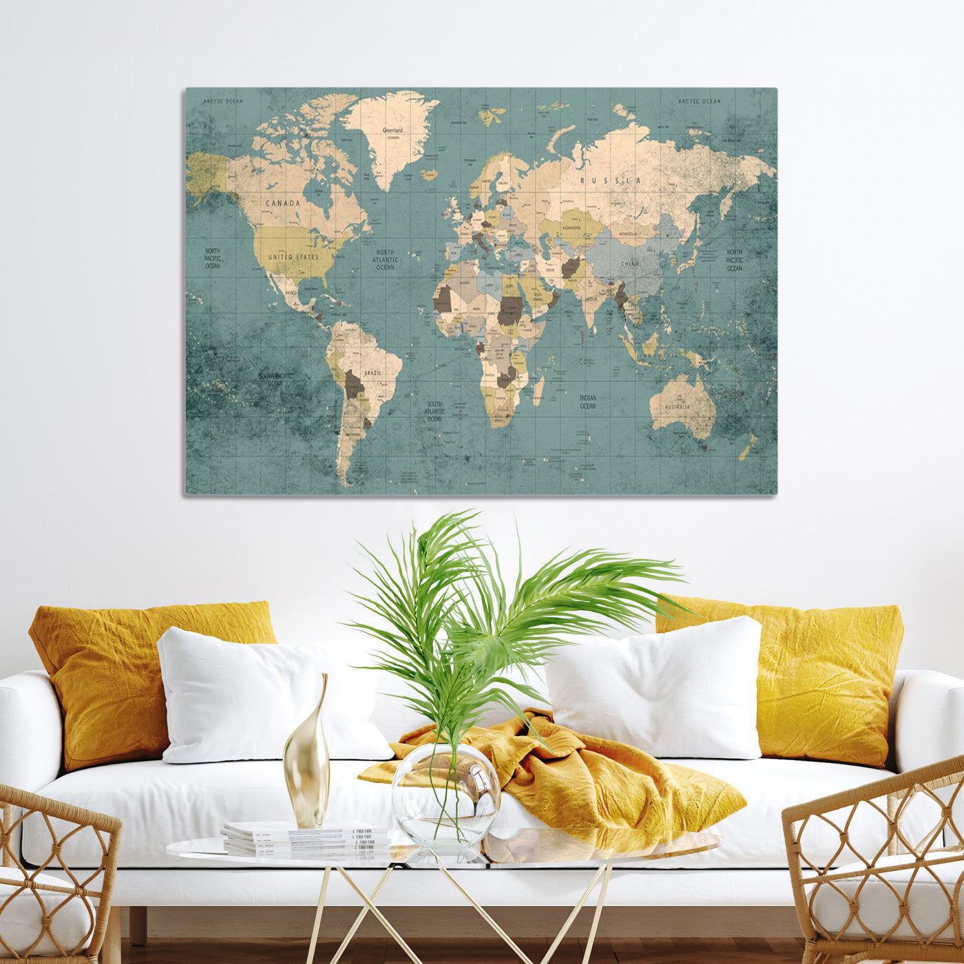 Classic World Map Wall Art Canvas Print, Framed Retro Map Art Picture Print, Vintage Atlas Perfect Rustic Explorer Decor Artwork