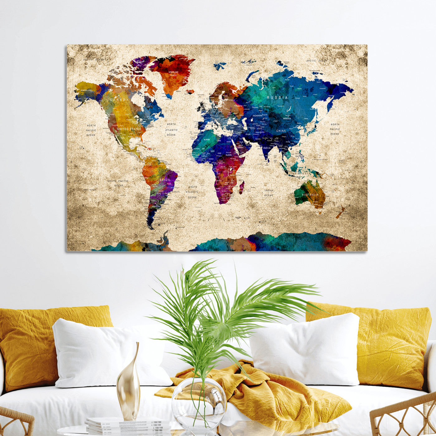 Push Pin World Map Canvas Print – Framed Wall Art for Couples to Track Their Travels – Anniversary Gift or Home Adventure Decor