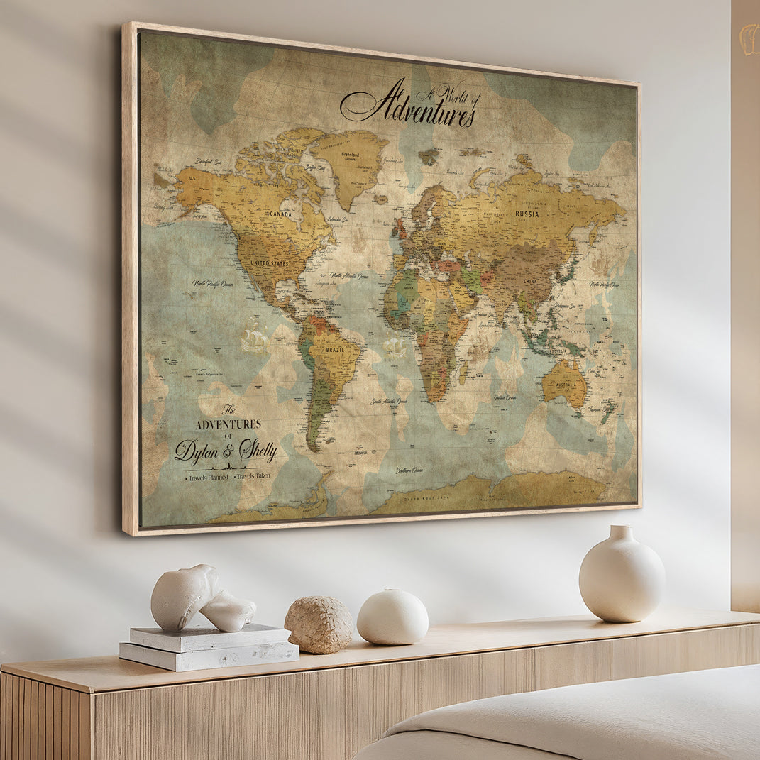 75690627-MGV-CV-36X24-Personalized World Map Print, Customizable Push Pin Framed World Map Print on Canvas - Custom Quote on Map Print,