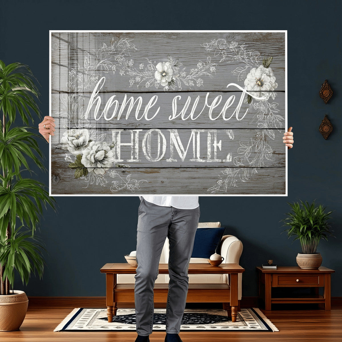 Home Sweet Home Sign Wall Art Canvas Print, Floral Farmhouse Decor
