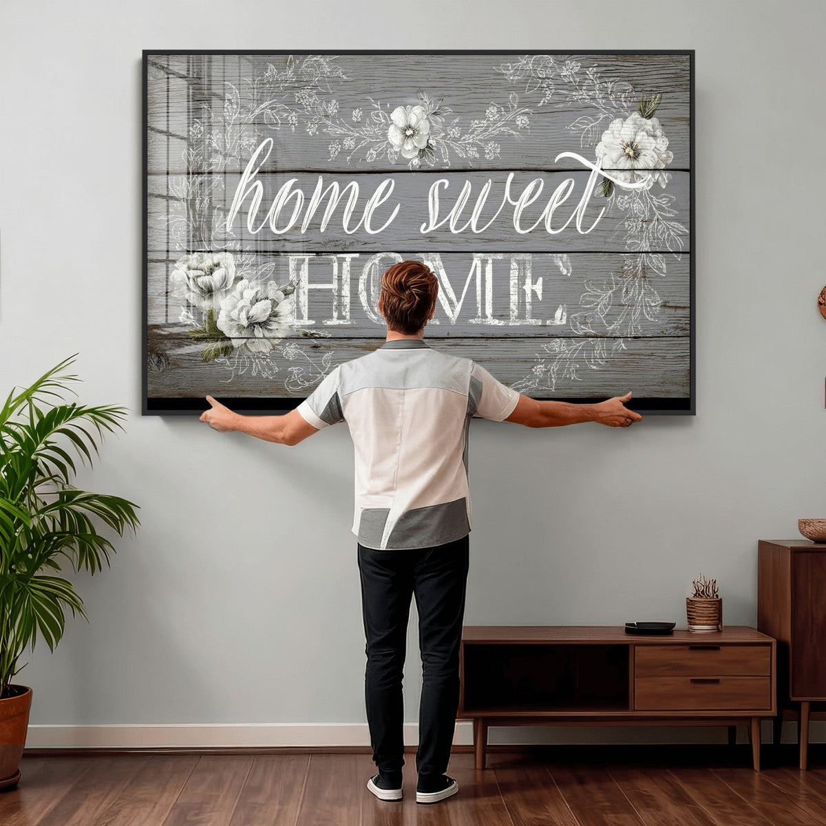 Home Sweet Home Sign Wall Art Canvas Print, Floral Farmhouse Decor