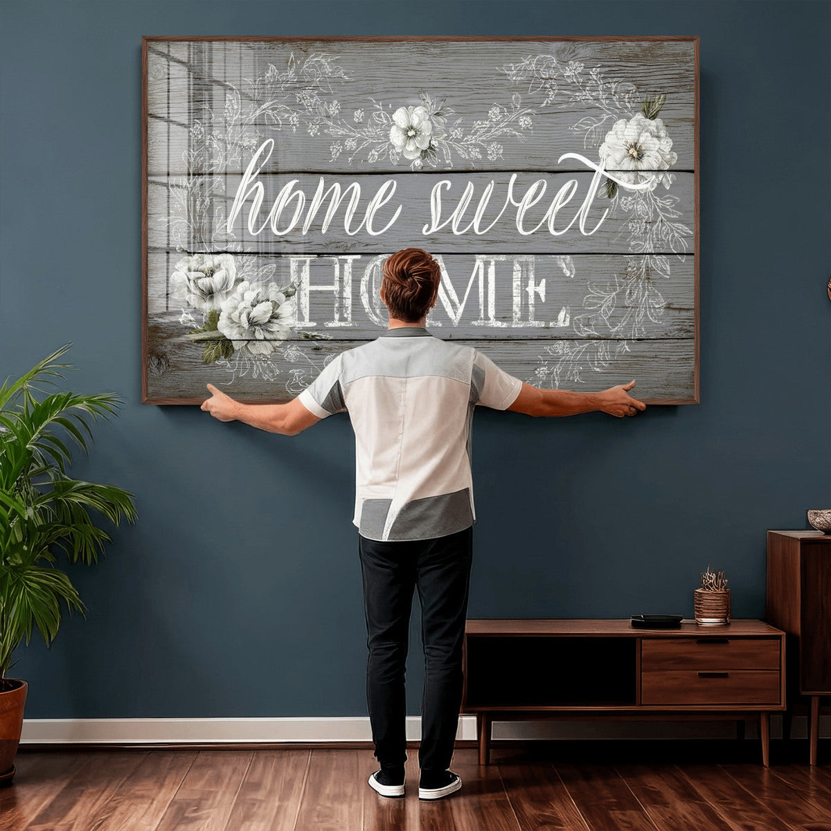 Home Sweet Home Sign Wall Art Canvas Print, Floral Farmhouse Decor